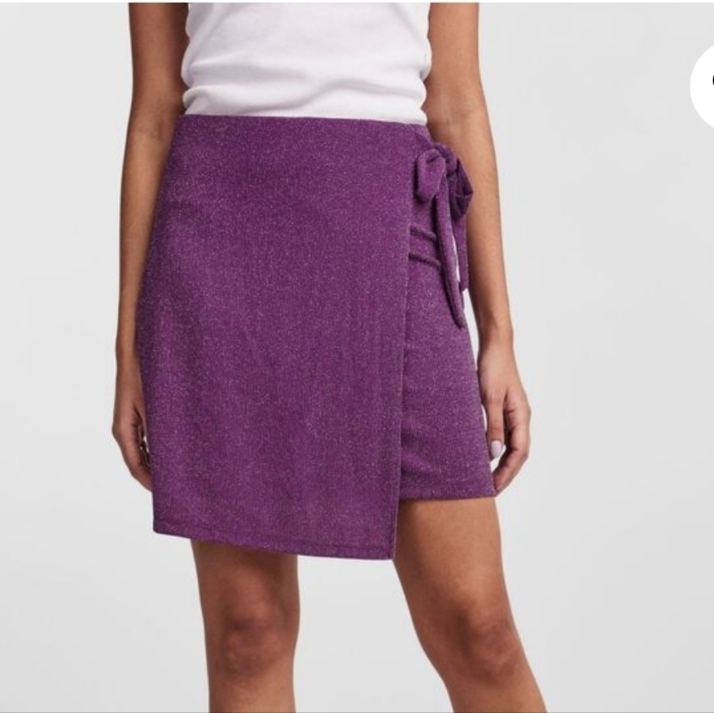 NWT Pieces lurex sparkle faux wrap mini skirt in Charisma